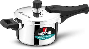 Bergner Argent Classic 2.5L Triply Stainless Steel Pressure Cooker Pan with Outer Lid, Resettable Safety Valve, Sturdy Handle, Fast &amp; Even Healthy Cooking, Durable, Induction &amp; Gas Compatible