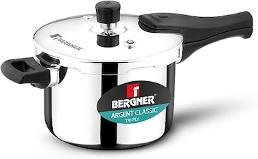 Bergner Argent Classic 5.5L Triply Stainless Steel Big Size Pressure Cooker Pan with Outer Lid, Resettable Safety Valve, Sturdy Handle, Fast &amp; Even Healthy Cooking, Durable, Induction &amp; Gas Compatible