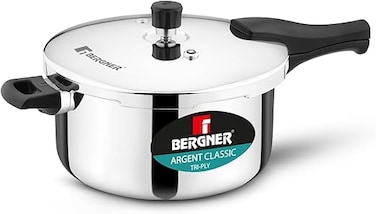 Bergner Argent Classic 6.5L Triply Stainless Steel Big Size Pressure Cooker Pan with Outer Lid, Resettable Safety Valve, Sturdy Handle, Fast &amp; Even Healthy Cooking, Durable, Induction &amp; Gas Compatible