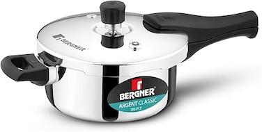 Bergner Argent Classic 3.5L Triply Stainless Steel Pressure Cooker Pan with Outer Lid, Resettable Safety Valve, Sturdy Handle, Fast &amp; Even Healthy Cooking, Durable, Induction &amp; Gas Compatible