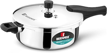 Bergner Argent Classic 5L Triply Stainless Steel Big Size Pressure Cooker Pan with Outer Lid, Resettable Safety Valve, Sturdy Handle, Fast &amp; Even Healthy Cooking, Durable, Induction &amp; Gas Compatible