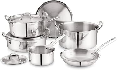 Bergner Triply Stainless Steel 9pcs Cookware Set - 16cm Saucepan, 24cm &amp; 28cm Casseroles, 28cm Biryani Pot, 24cm Frypan &amp; 4 Lids, Less Oil Use Healthy Cooking Set, Induction &amp; Gas Compatible
