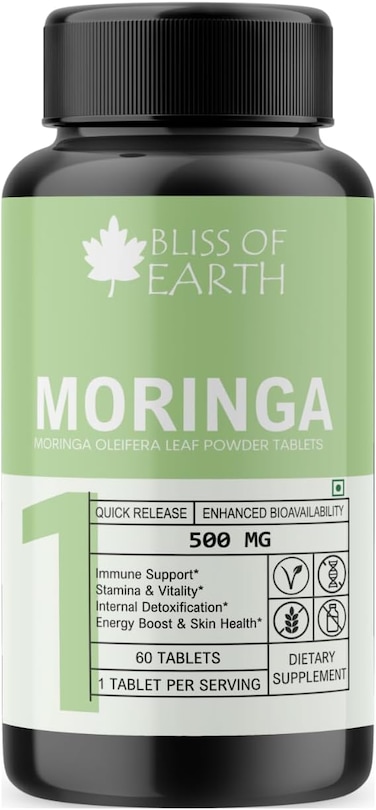 بليس أوف إيرث اقراص مورينجا عضوية 500 ملغ - اقراص اوراق المورينجا عالية القوة مع مسحوق عضوي، تدعم الطاقة والمناعة والهضم، مكملات غذائية خضراء، 60 قرص