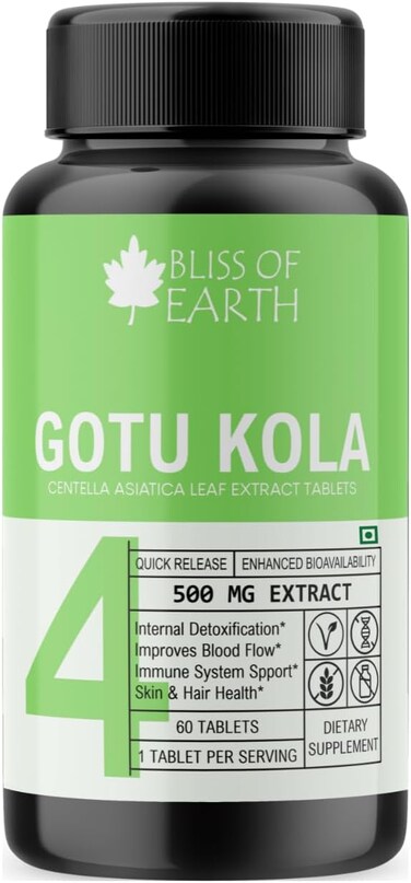 Bliss Of Earth Gotu Kola Tablets 500mg - High Potency Gotu Kola Extract Powder, Quick Release Supplement For Brain &amp; Wellness Support, 120 Tablets