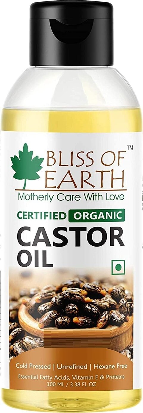 Bliss Of Earth Castor Oil For Hair Growth - Certified Organic Cold Pressed Castor Oil For Face - Hexane Free Castor Oil For Eyelashes And Eyebrows - Deep Hydration Castor Oil For Skin - 100ml