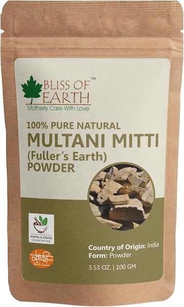 Bliss Of Earth Multani Mitti Powder For Face Mask, Organic Multani Mitti Powder For Hair Care &amp; Scalp Health, Fuller&rsquo;s Earth Clay Mask For Skin Brightening, Oil Absorption &amp; Acne Treatment - 100g