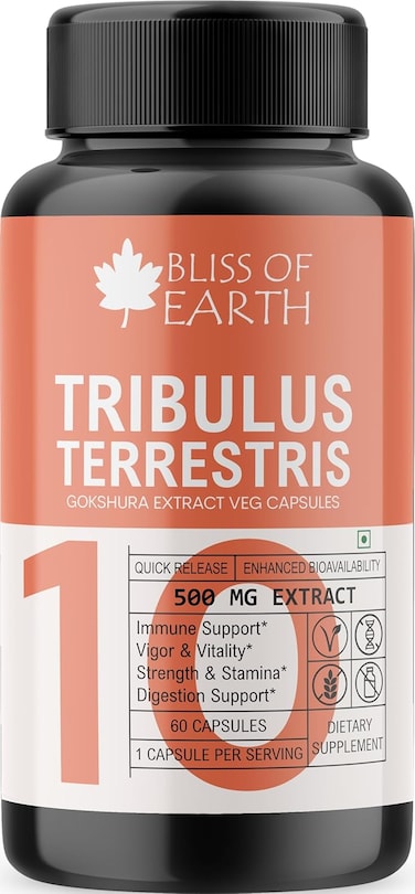 Bliss Of Earth Tribulus Terrestris For Men, Tribulus Supplement, High Potency Gokshura Extract, 500Mg Supply Per Serving, 60 Veg Capsules For Stamina &amp; Muscle Growth