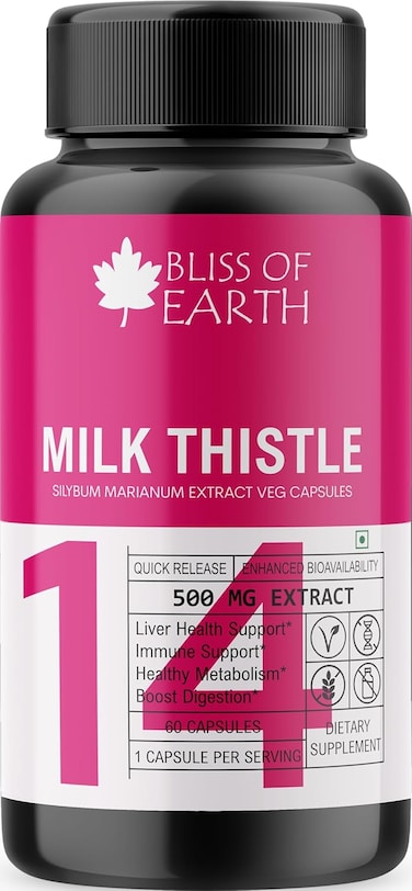 Bliss Of Earth Milk Thistle Capsules, Liver Support Supplement, 60 Count, 500mg Pure Extract Per Serving, Organic, Non-GMO, 500mg, Vegan-Friendly