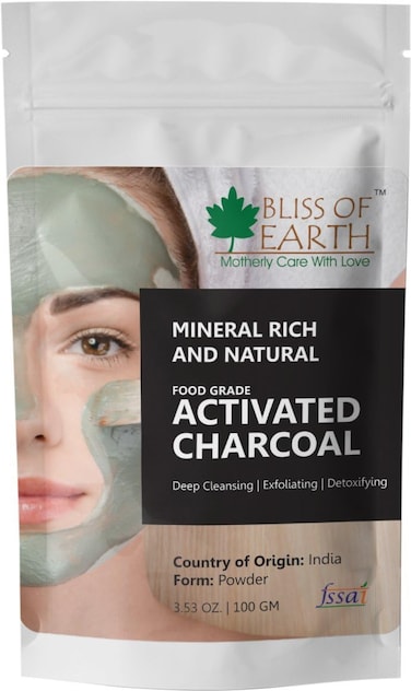 Bliss Of Earth Activated Charcoal Powder For Teeth Whitening, Edible Food Grade Activated Charcoal For Drinks, Coconut Shell Charcoal Powder For Skin Detox, Acne Control &amp; Exfoliating Face Mask - 100g