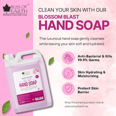 Bliss Of Earth Antibacterial Hand Wash Refill, Refrshing Blossom Blast Hand Soap 5 Liter, Non Drying Moisturizing Formula, Aromatic Fragrance, Perfect Hand Soap For Hotel, Office, Home &amp; Public Spaces