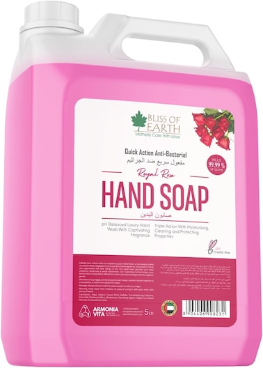 Bliss Of Earth Hand Wash Liquid Refill, Refreshing Royal Rose Hand Soap Refill With Antibacterial Protection, Moisturizing Formula &amp; Aromatic Fragrance, Perfect For Hotel, Office &amp; Home - 5 Litres