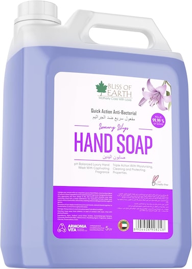 Bliss Of Earth Hand Wash Refill Liquid, Refreshing Luxury Lily Antibacterial Hand Soap 5 Liter, Non Drying Moisturizing Formula, Aromatic Fragrance, Perfect Hand Wash For Office, Home, Hotel &amp; Caf&eacute;