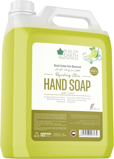 Bliss Of Earth Hand Wash Refill Liquid, Refreshing Citrus Antibacterial Hand Soap 5 Liter, Non Drying Moisturizing Formula, Aromatic Fragrance, Perfect Hand Soap For Home, Office, Hotel &amp; Caf&eacute;