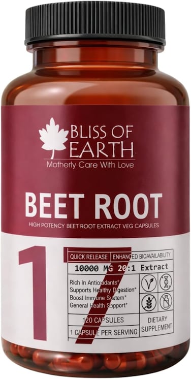Bliss Of Earth Beet Root Capsules, Concentrated Beetroot Extract (20:1), 120 Veg Capsules, Plant-Based Dietary Supplement, Supports Daily Wellness