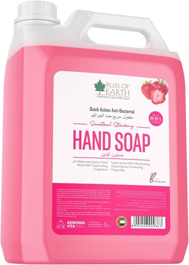 Bliss Of Earth Antibacterial Hand Wash Liquid Refill 5 Litres, Sensational Strawberry Hand Soap For Hotels, Offices, Schools &amp; Commercial Use