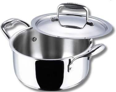Vinod Platinum Triply Stainless Steel Saucepot with Lid- 26 cm, 6.8 Litre, Silver (Induction Friendly, Non Stick)