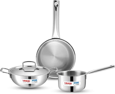 Vinod Platinum Triply Stainless Steel Cookware Set - 4 Pc, Kadai (24cm, 3.3l), Frypan (24cm, 2.2L) with Common Lid, Saucepan (16 cm, 1.6L)