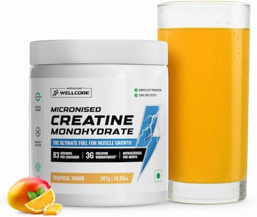 Wellcore Pure Micronised Creatine Monohydrate Powder, Tropical Tango (307g, 83 Servings), Rapid Absorption, Enhanced Muscle Strength &amp; Power, Fast Recovery, Increased Muscle Mass