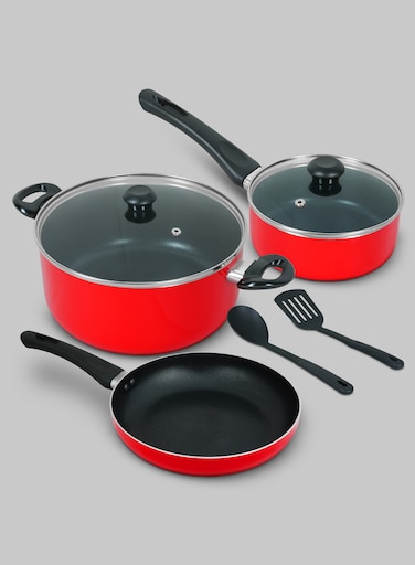 طقم أواني طهي غير لاصقة من ديليسي 7 قطع (NCS7R)   طلاء أقوى بـ 10 مرات غير لاصق   توزيع سريع ومتساوي للحرارة   غاز، سيراميك، لوح تسخين، متوافق مع الهالوجين   طاجن، مقلاة صلصة، مقلاة + سباتو نايلون