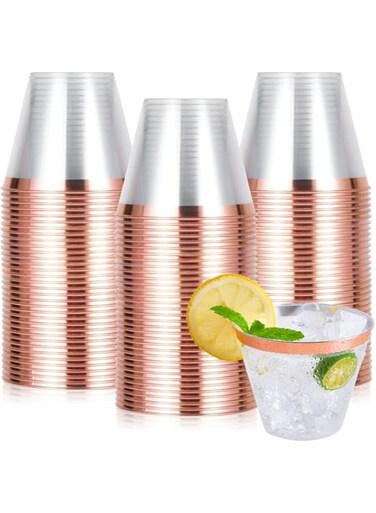 MAKINGTEC 50 Pcs 9oz Disposable Plastic Cups, Clear Cups with Elegant Rose Gold Rim, Gold Cocktail Cups, Ideal for Weddings, Birthdays, Events, Plastic Party Cups