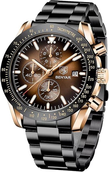 BY BENYAR Mens Watch 100M Waterproof Chronograph Date Watch for Men Brown Leather Strap Quartz Movement Analog Watch Business Casual Gift for Men
