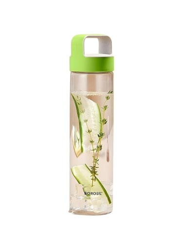 Borosil Crysto Glass Water Bottle Fridge Bottle Sports Bottle Yoga Bottle Outdoor Picnic Easy to Carry Leak Proof Resusable Green Lid and Handle,750 ML Transparent Clear  See Through