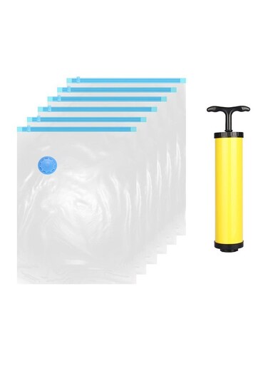 6-Piece Vacuum Reusable Sealer Storage Bag With Suction Pump Clear/Blue/Yellow 50x70cm