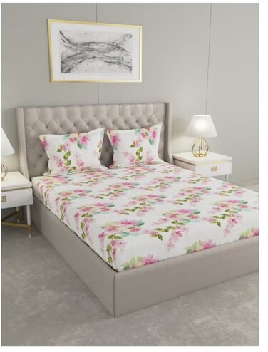 Raymond Home Queen Size Fitted Sheet Super Soft 152 TC Pure Cotton (152x198+30 cm, 46x69 cm) Fitted sheet &amp; 2 PillowCases