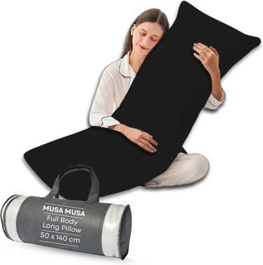 MUSA&Acirc;&reg; Full Body Long Pillow - Breathable Polyester Filling, Pregnancy Pillow for Belly Support (Black, 50 x 140cm)