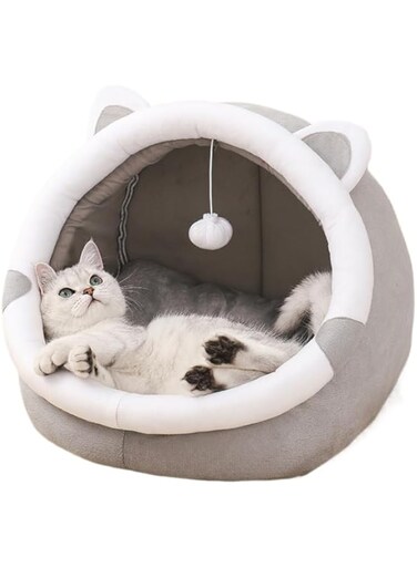 Soft Warm Cat Bed, Cat Ear Shaped Cat Bed, Cat Hole Bed With Hanging Toys, Cat Tent House, Cat House, Removable Cotton Pad Comfortable Small Pet Bed (L)
