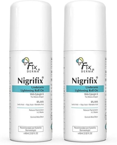 Fixderma Nigrifix Underarm Lightening Roll On with 6% Aha, Lactic Acid &amp; 1% Mandelic Acid &amp; Kojic Acid, Brightens Skin &amp; Exfoliates Underarm, for Sensitive Skin - 120ml (Pack Of 2)