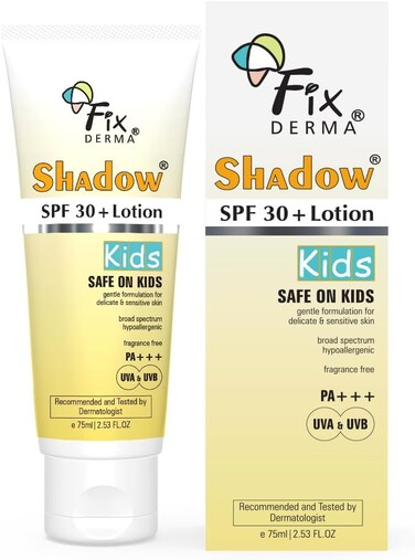 Fixderma Shadow SPF 30+ Lotion for Kids PA+++, Sunscreen for Sensitive Skin, Body &amp; Face, Broad Spectrum UVA &amp; UVB Protection, Non-Greasy &amp; Water Resistant - 75gm