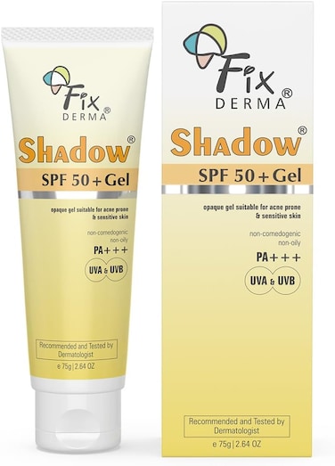Fixderma Shadow Sunscreen UV SPF 50+ Gel for Oily Skin, Body &amp; Face, Broad Spectrum for UVA &amp; UVB Protection for Unisex, Non Greasy &amp; Water Resistant, 75G