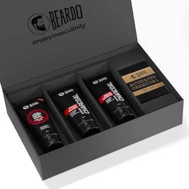 Beardo Charcoal 4-in-1 Giftset for Men, Complete Face and Body kit, pack of 4, Facewash, Peel-off mask, Scrub, Soap