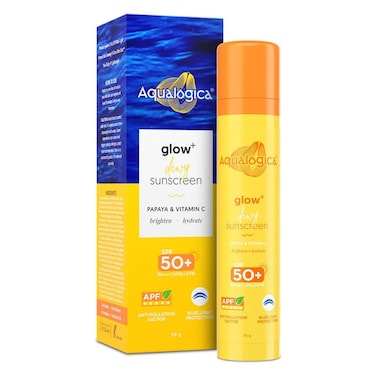 Aqualogica Glow+ Dewy Sunscreen with Vitamin C, Hyaluronic Acid &amp; Papaya Extract   SPF 50 PA++++ Broad Spectrum UVA/UVB Protection, Brightening, Hydrating, Lightweight &amp; No White Cast Protection, 50g