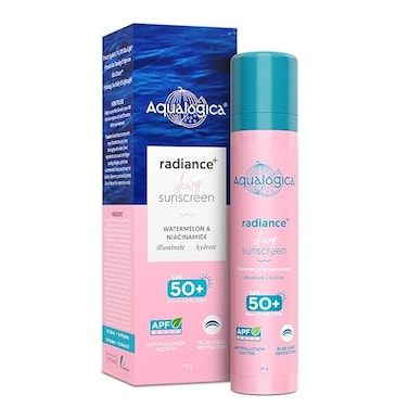 Aqualogica Radiance+ Dewy Sunscreen with Watermelon &amp; Niacinamide with SPF 50 &amp; PA++++ - 50g   Broad Spectrum SPF 50+ PA++++   UVA/B &amp; Blue Light Protection   Anti-Pollution Factor (APF) Technology   In Vivo Tested   deal for Oily Skin Type  Fragrance-Free &amp; No White Cast   For Radiant Skin