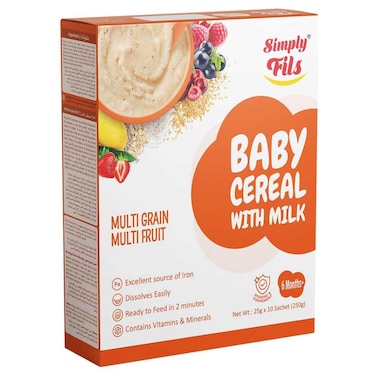 Simply Fils Multigrain &amp; Multifruit Baby Cereal with Milk, 10 Single-Serve Sachets, 250g, 6-36 Months
