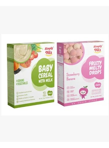 Simply Fils Baby Cereal with Milk 4Grains 4Vegetables + Fruity Melty Drops -Strawberry Banana