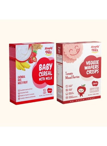 Simply Fils Baby cereal with Milk Oatmeal Rice Multifruit + Simply Fils Veggie Wafers Crisps Tomato Mixed Berries