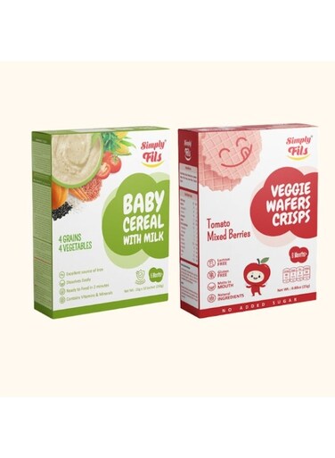 Simply Fils Baby cereal with Milk 4 Grain 4 Vegetables + Simply Fils Veggie Wafers Crisps Tomato Mixed Berries