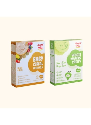 Simply Fils Baby cereal with Milk Millet 4Fruits + Simply Fils Veggie Wafers Crisps Kale + Kiwi Grape Juice