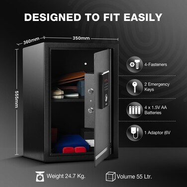 Ozone 55 Litres Fingerprint Safe Locker for Home &amp; Office &ndash; Fingerprint Lock, 2-in-1 Unlocking (Fingerprint &amp; Password), Size: 555H x 350W x 360D mm, Weight: 24.7kg, 1-Year Warranty
