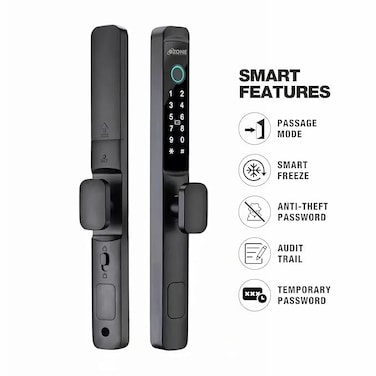 قفل الباب الذكي ذو النمط الضيق من أوزون مع بصمة الإصبع، RFID، الوصول إلى PIN والوصول إلى مفتاح الطوارئ، أسود مطفي مع ضمان لمدة عام (للأبواب المنزلقة)