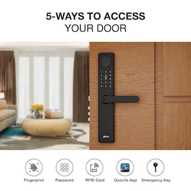Newly Launched Ozone Smart Wi-Fi External Lock with Integrated HD Camera for Wooden &amp; Metal Doors, 4-Way Access, 35-110 mm Door Thickness (Black)