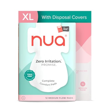 Nua Cotton Sanitary Pads for Women, Toxic-Free &amp; Rash-Free, Unscented, Leakproof &ndash; Complete Comfort XL Pads (12 Pads)