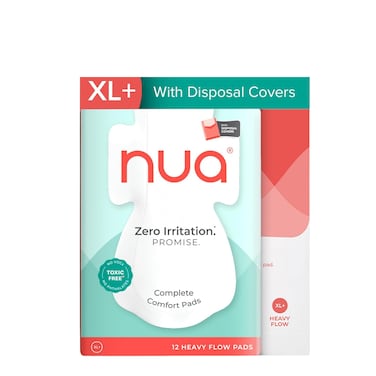 Nua Cotton Sanitary Pads for Women, Toxic-Free &amp; Rash-Free, Unscented, Leakproof &ndash; Complete Comfort XL+ Pads (12 Pads)