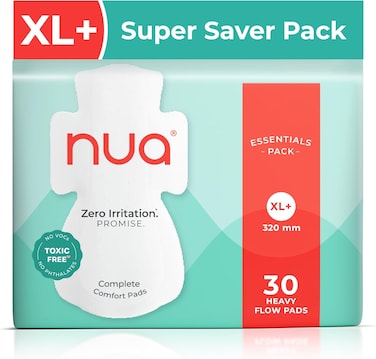 Nua Cotton Sanitary Pads for Women, Toxic-Free &amp; Rash-Free, Unscented, Leakproof &ndash; Complete Comfort for Heavy Flow (30 Pads)
