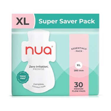 Nua Cotton Sanitary Pads for Women, Toxic-Free &amp; Rash-Free, Unscented, Leakproof &ndash; Complete Comfort Essentials Pack for Medium Flow (30 Pads)