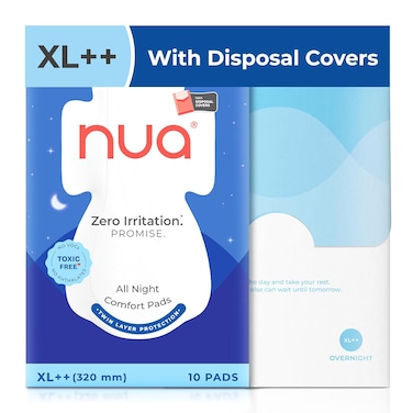 Nua Cotton Sanitary Pads for Women, Toxic-Free &amp; Rash-Free, Unscented, Leakproof &ndash; All Night Comfort XL++ Pads with Disposal Covers (10 Pads)