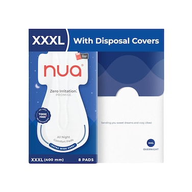 Nua Cotton Sanitary Pads for Women, Toxic-Free &amp; Rash-Free, Unscented, Leakproof &ndash; All Night Comfort XXXL Pads with Disposal Cover (8 Pads)